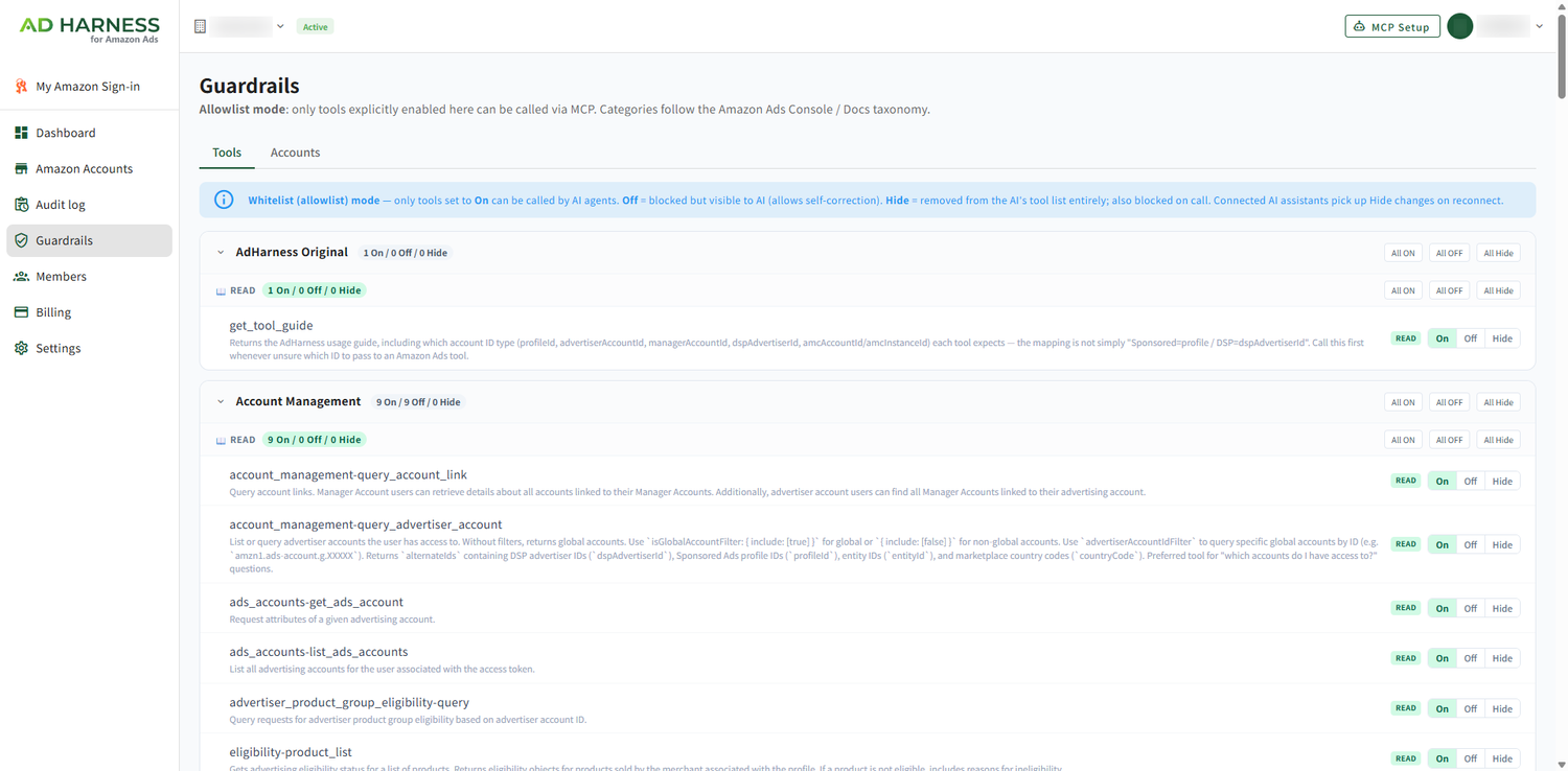 AD HARNESS Guardrails — Tools with On / Off / Hide per tool