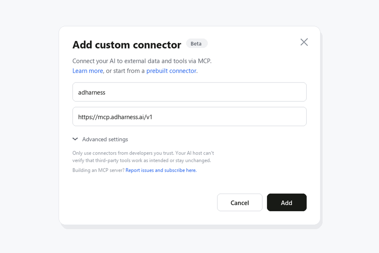 Adding the AD HARNESS custom connector in an AI host